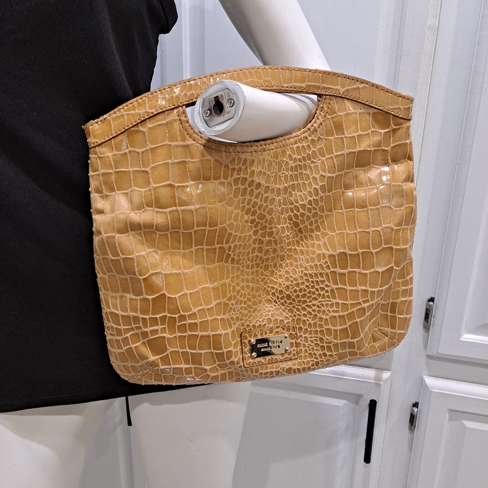 Nine West Crocodile-Embossed Textured Cloth Golden Tan Clutch Folder Bag